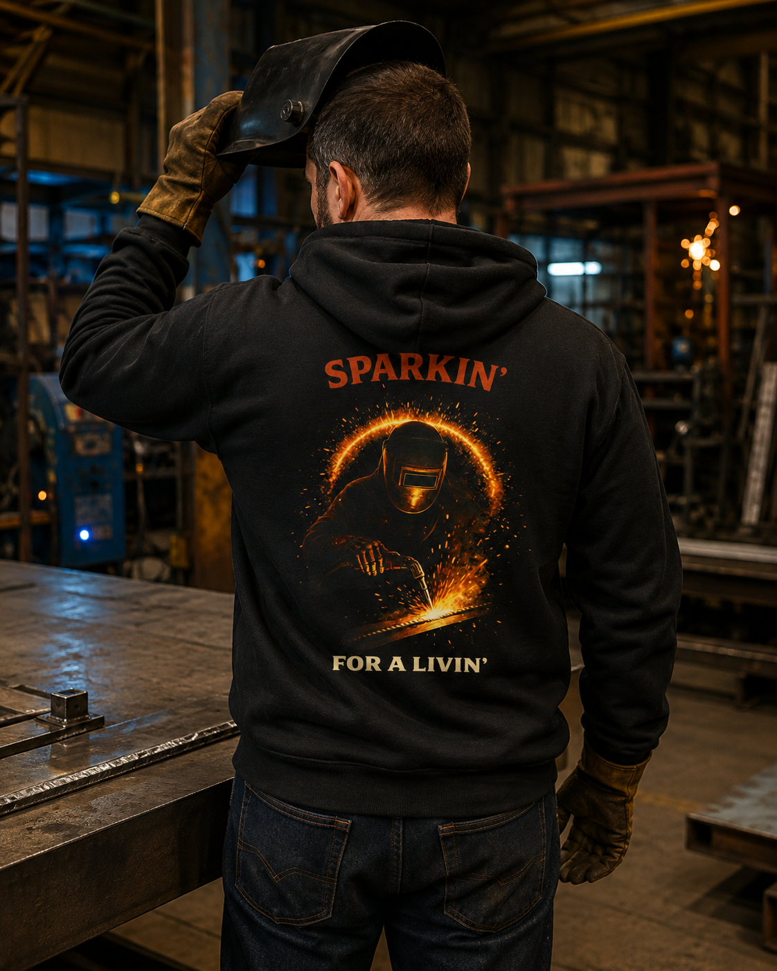 Welder wearing the Sparkin for a Livin hoodie in an industrial fabrication shop
