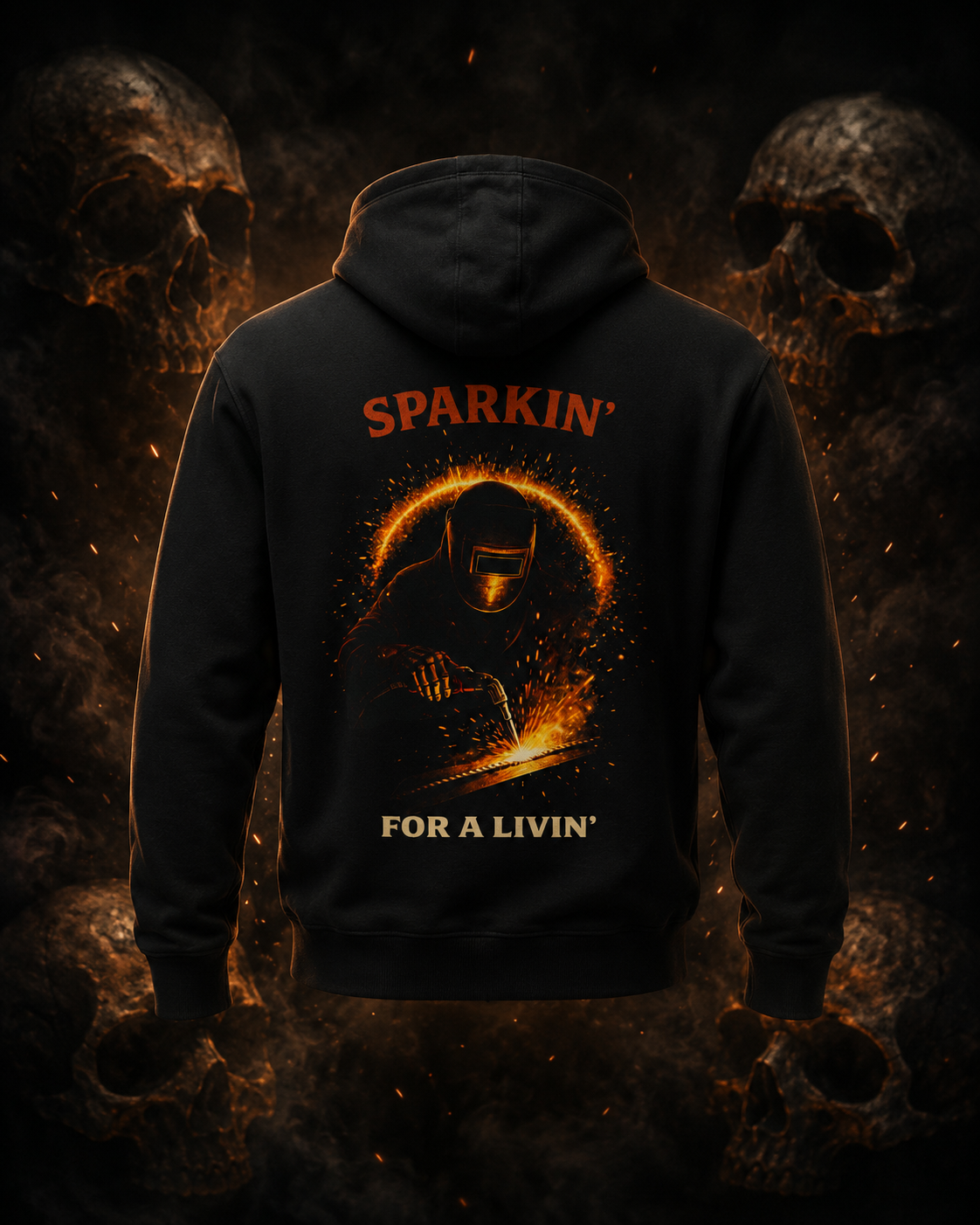 Sparkin for a Livin hoodie primary image on dark smoky skull background