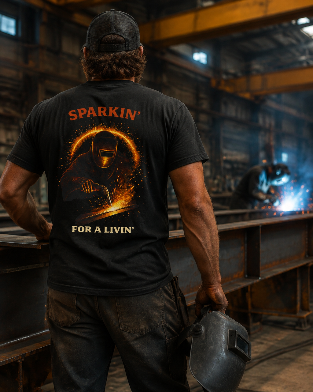 Welder wearing the Sparkin for a Livin tee in an industrial fabrication shop