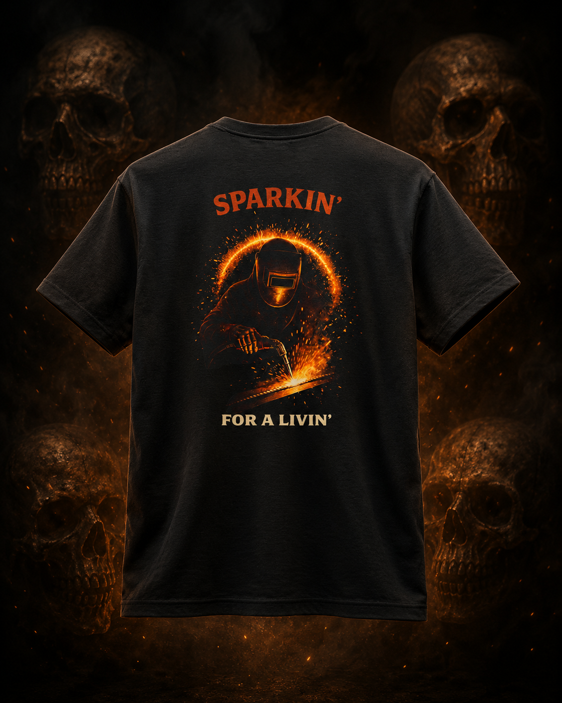 Sparkin for a Livin tee primary image on dark smoky skull background