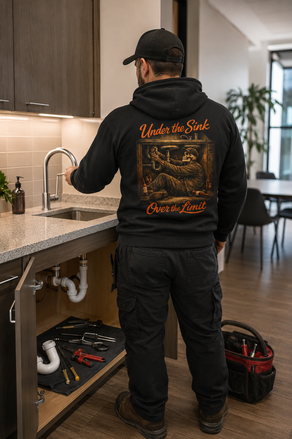 Plumber wearing Under the Sink Over the Limit Graphic Hoodie during a service call