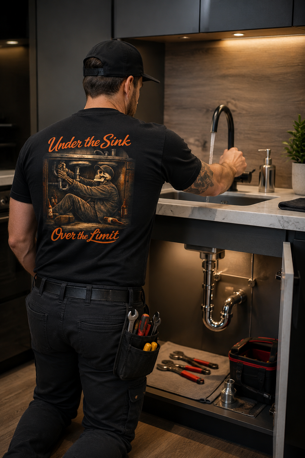 Plumber wearing Under the Sink Over the Limit Graphic Tee during a service call