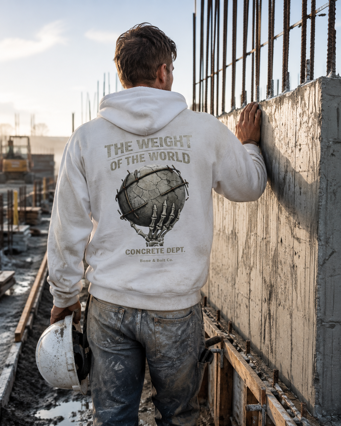 Concrete worker wearing the Weight Of The World hoodie on a foundation jobsite