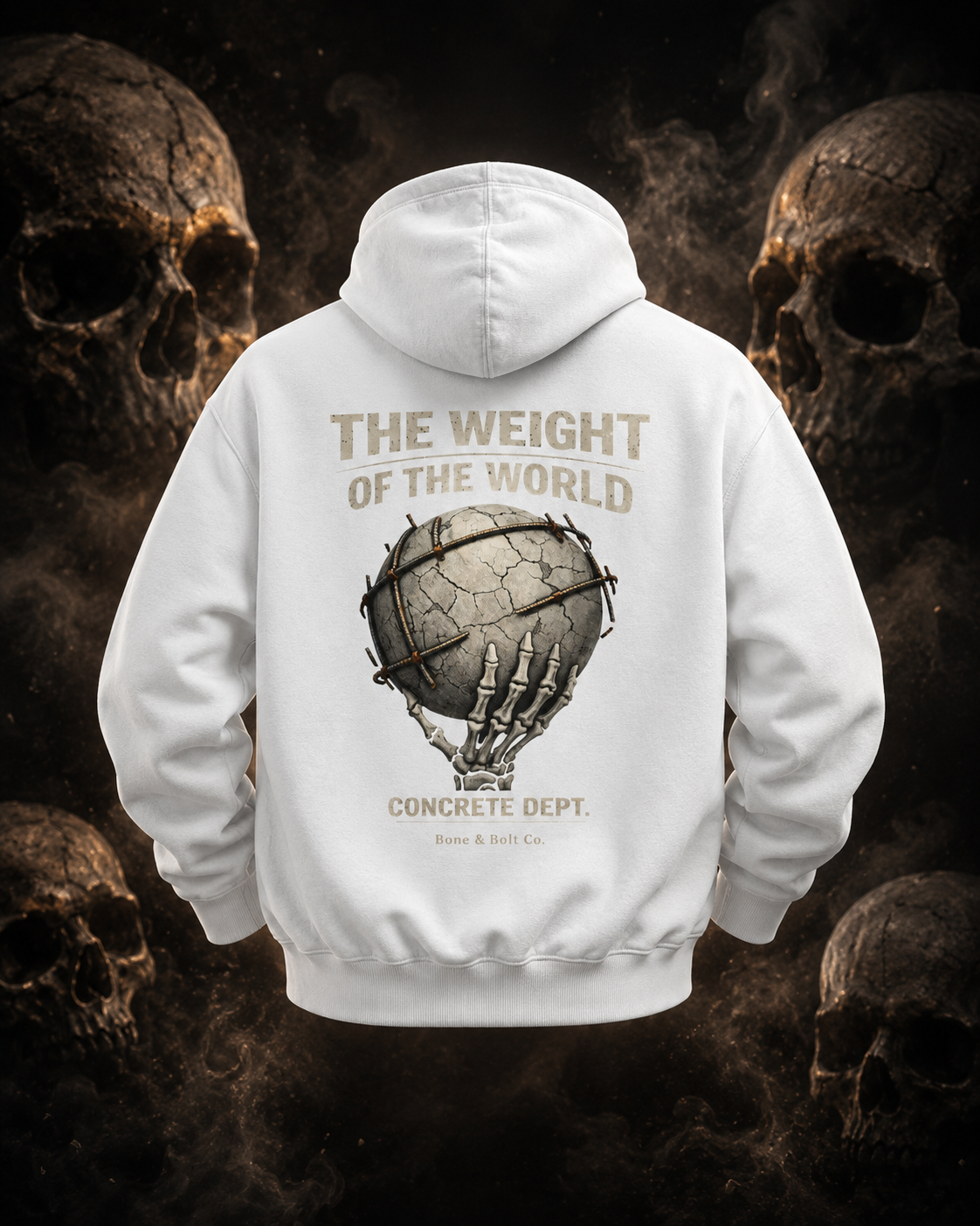 Weight Of The World hoodie primary image on dark smoky skull background