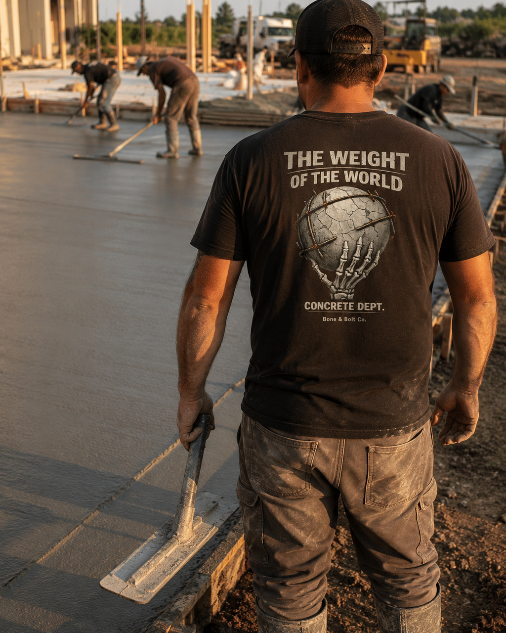 Concrete finisher wearing the Weight Of The World tee on a slab pour