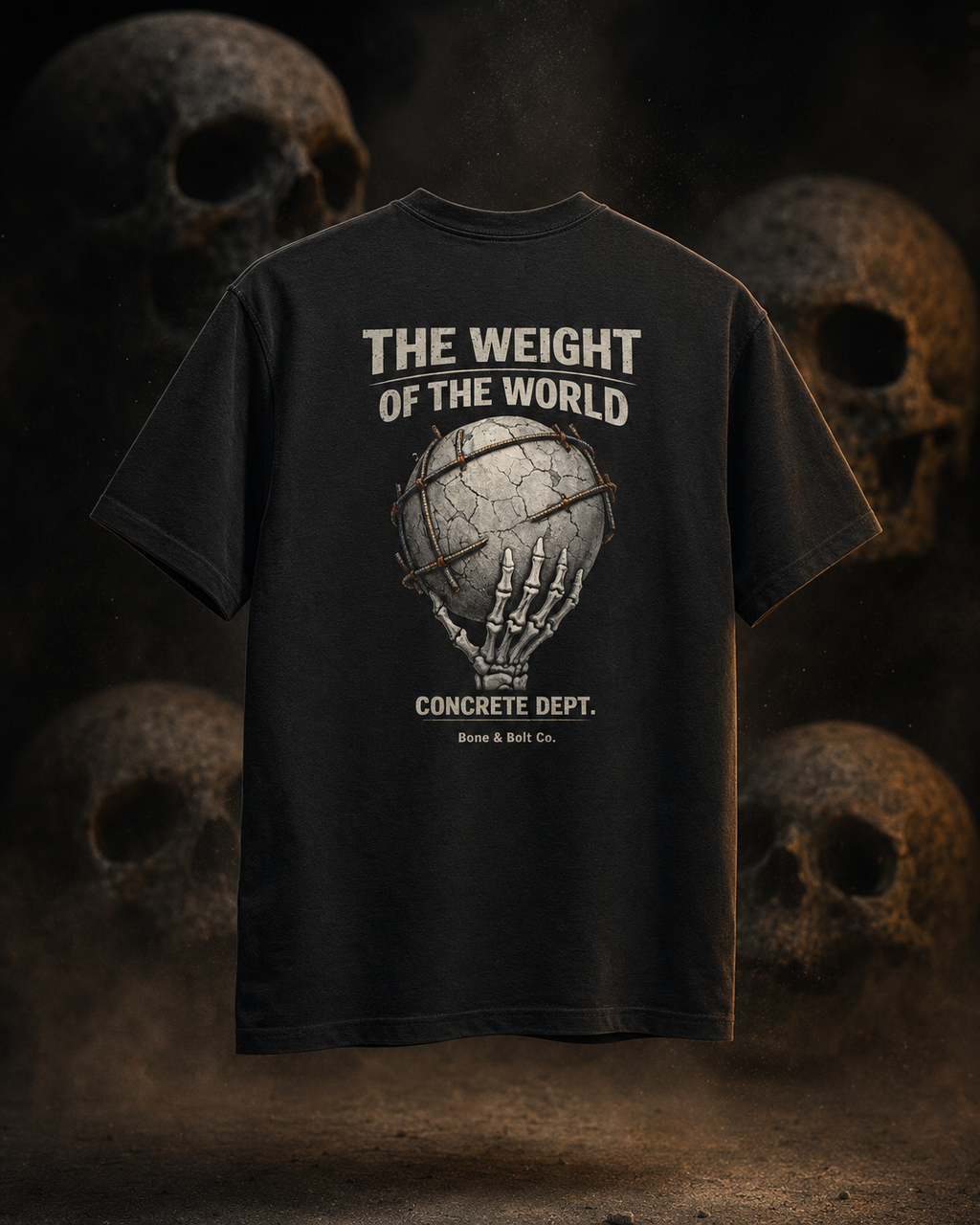 Weight Of The World tee primary image on dark smoky skull background